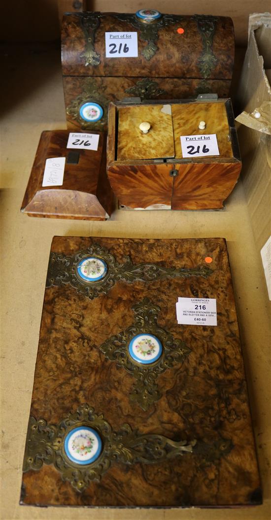 Victorian stationery box and blotter and a 19th century tortoiseshell tea caddy (a.f)